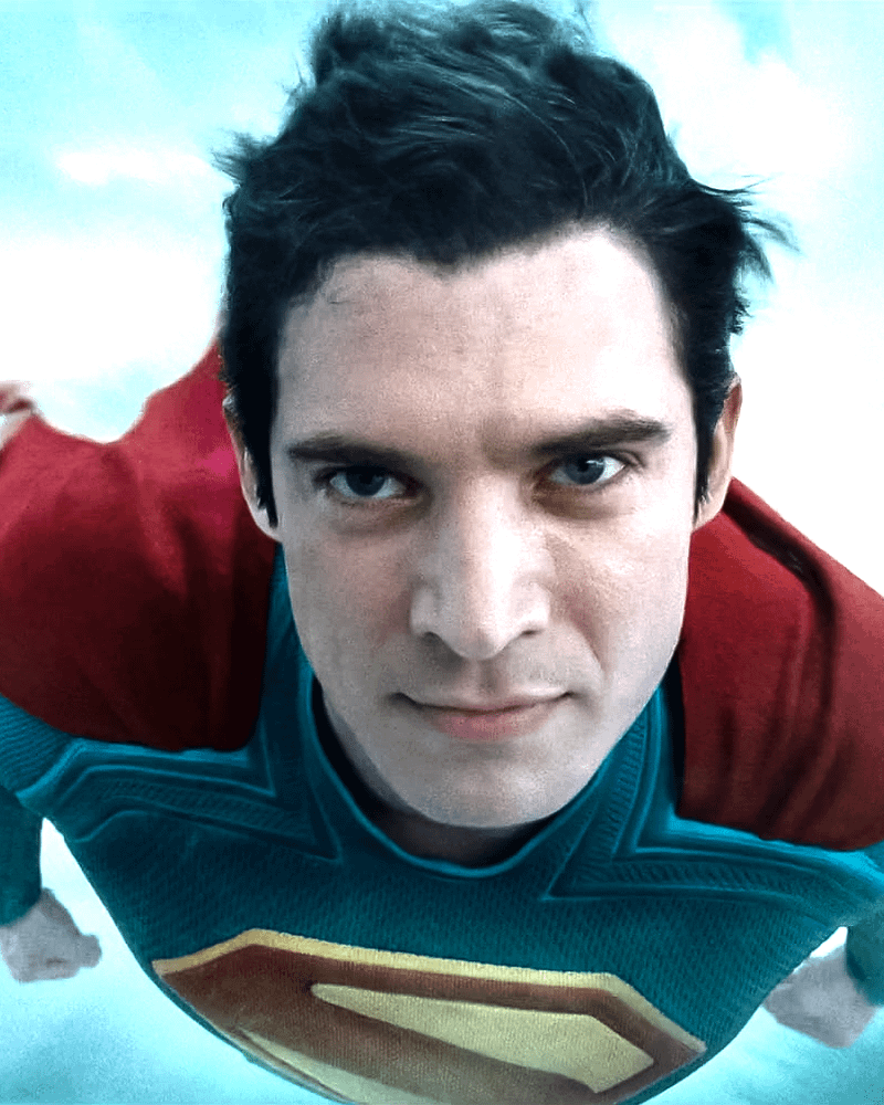 David Corenswet flying as Superman in Superman.