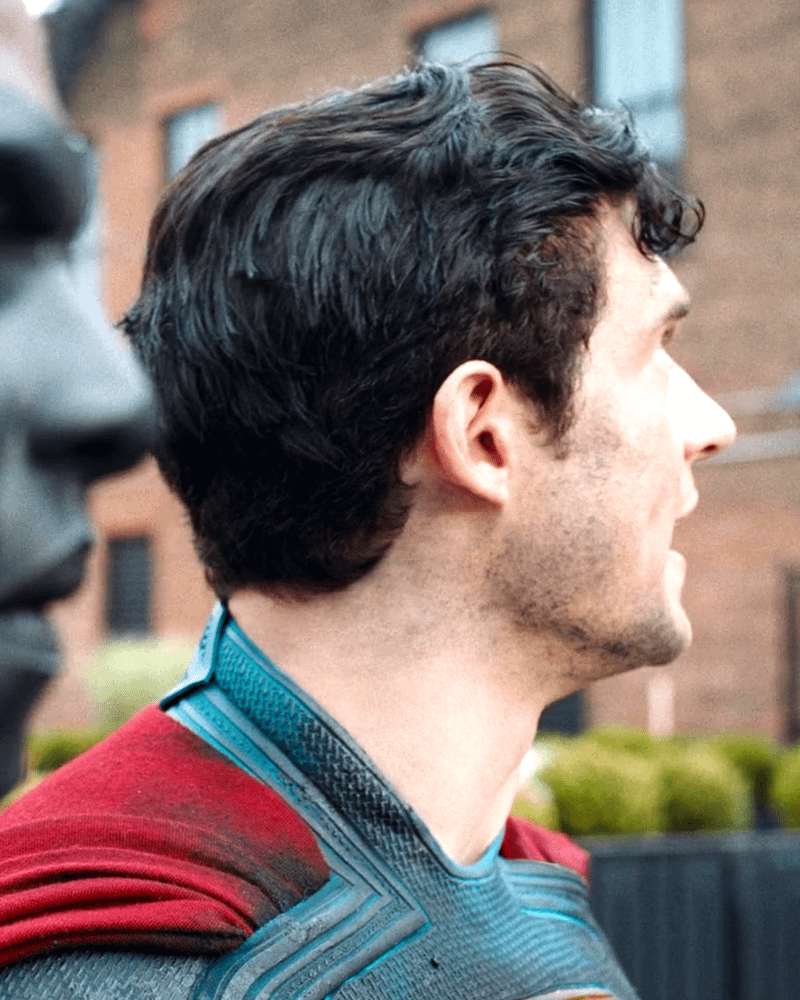 David Corenswet as Superman side profile in Superman.
