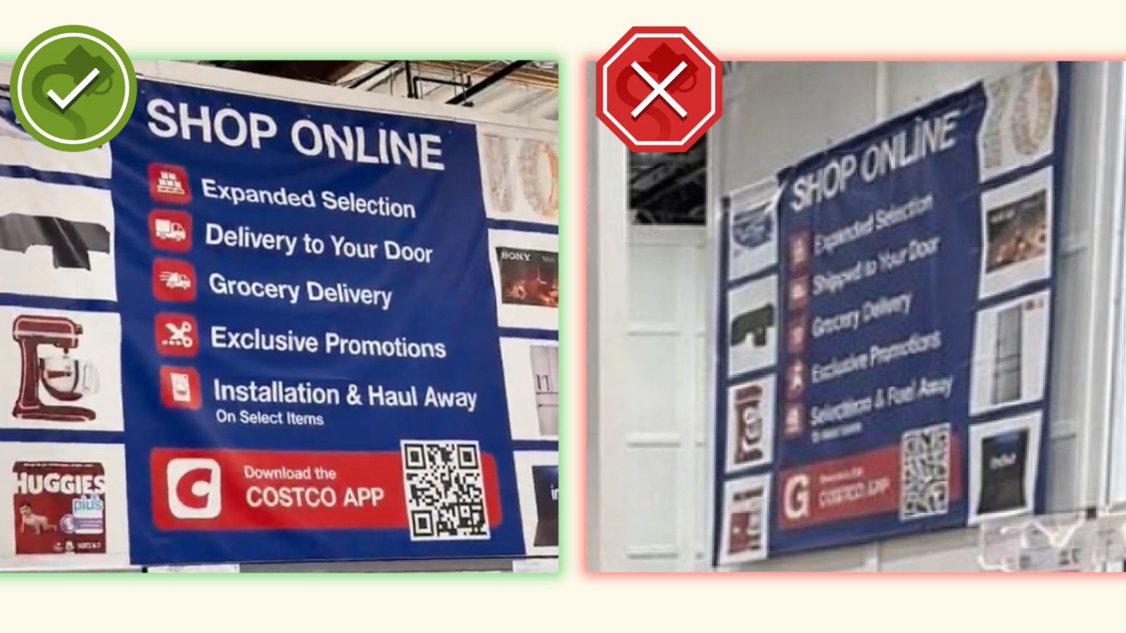 This image shows an authentic image of a Costco sign advertising online shopping next to an AI-generated image intended to display the same sign. The AI-generated image contains several discrepancies, including a Costco logo reading