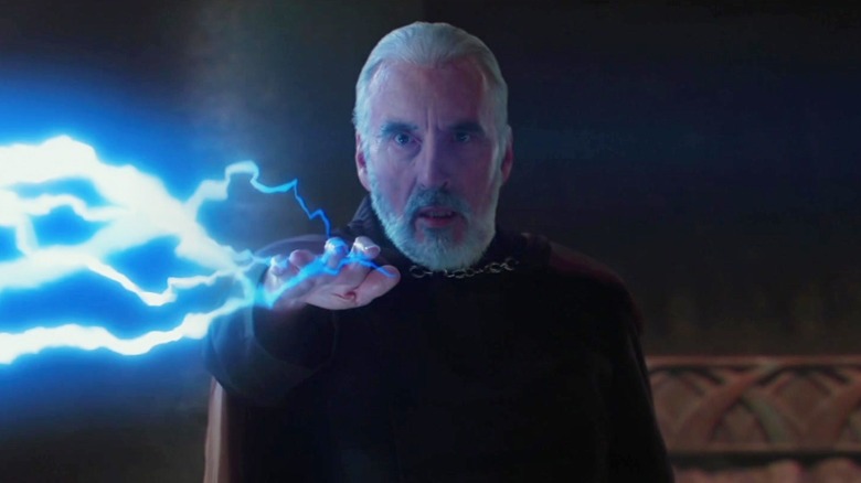 Christopher Lee as Count Dooku shooting Force lightning in Star Wars: Attack of the Clones.