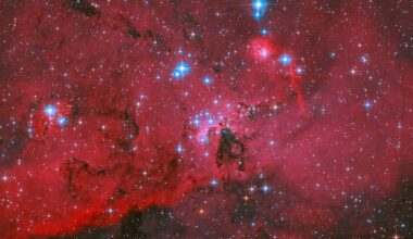 NASA's Hubble Captures Crimson Cloud Sparkling with White, Blue Stars