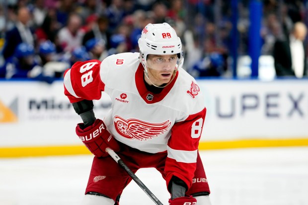 Red Wings right wing Patrick Kane plays against the Lightning on April 13, 2026, in Tampa, Fla. (AP Photo/Chris O'Meara)