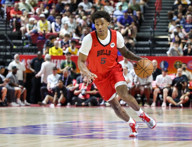Bulls guard Dailyn Swain brings the ball up the court against the Grizzlies in the first half of an NBA Summer League game July 10, 2026, at the Thomas & Mack Center in Las Vegas. (Ethan Miller/Getty Images)