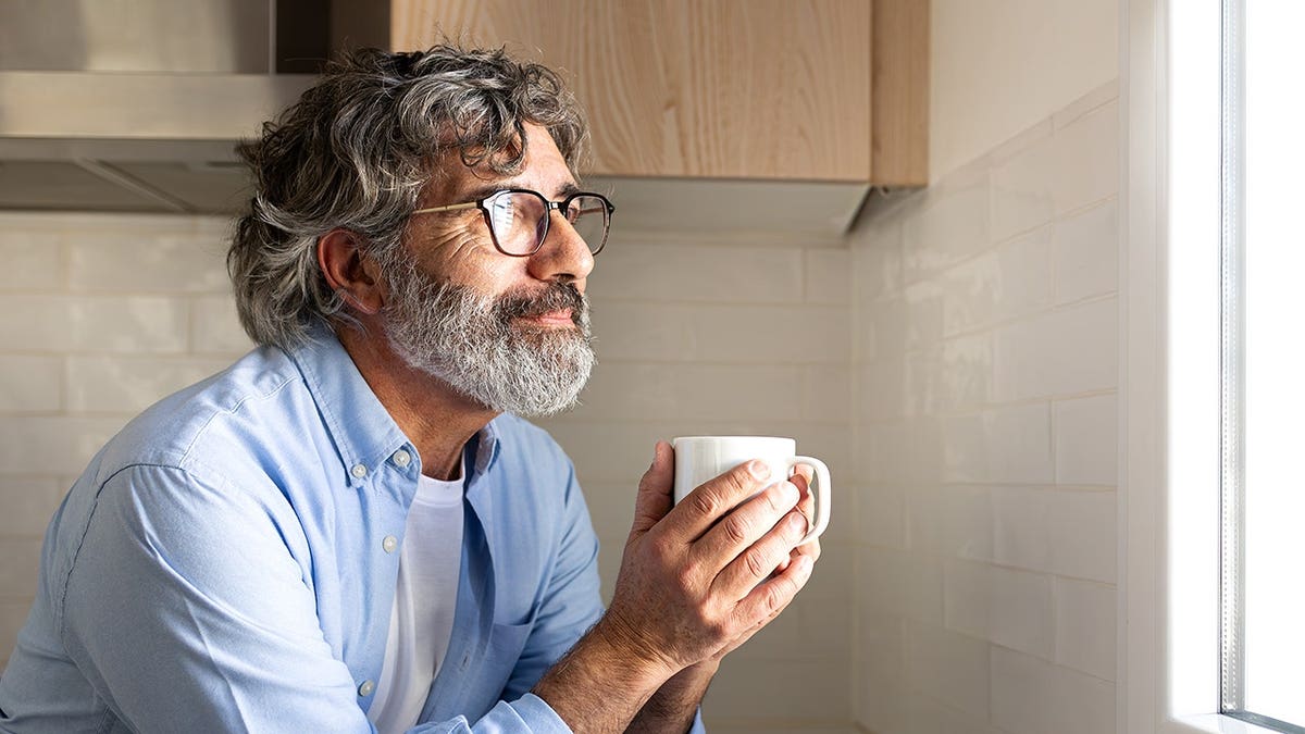 Happy mature man relaxing at home having morning coffee looking out the kitchen window