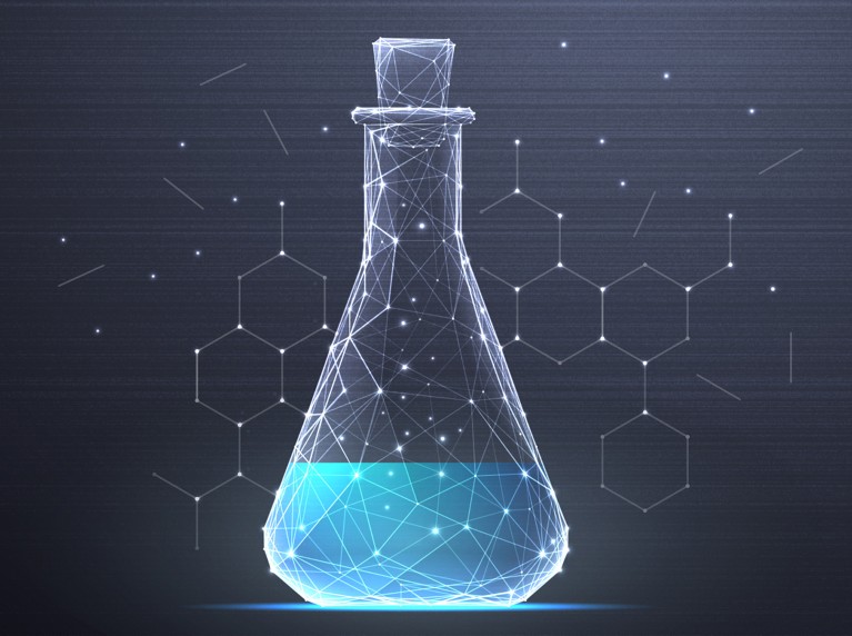 A stylised illustration of a corked and partially filled science flask with a matrix of lines and chemical structures behind it.