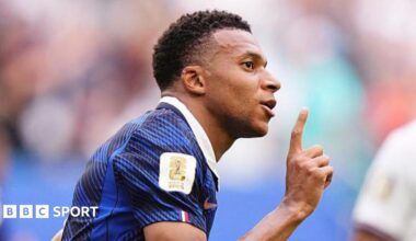 Kylian Mbappe celebrates scoring for France against England