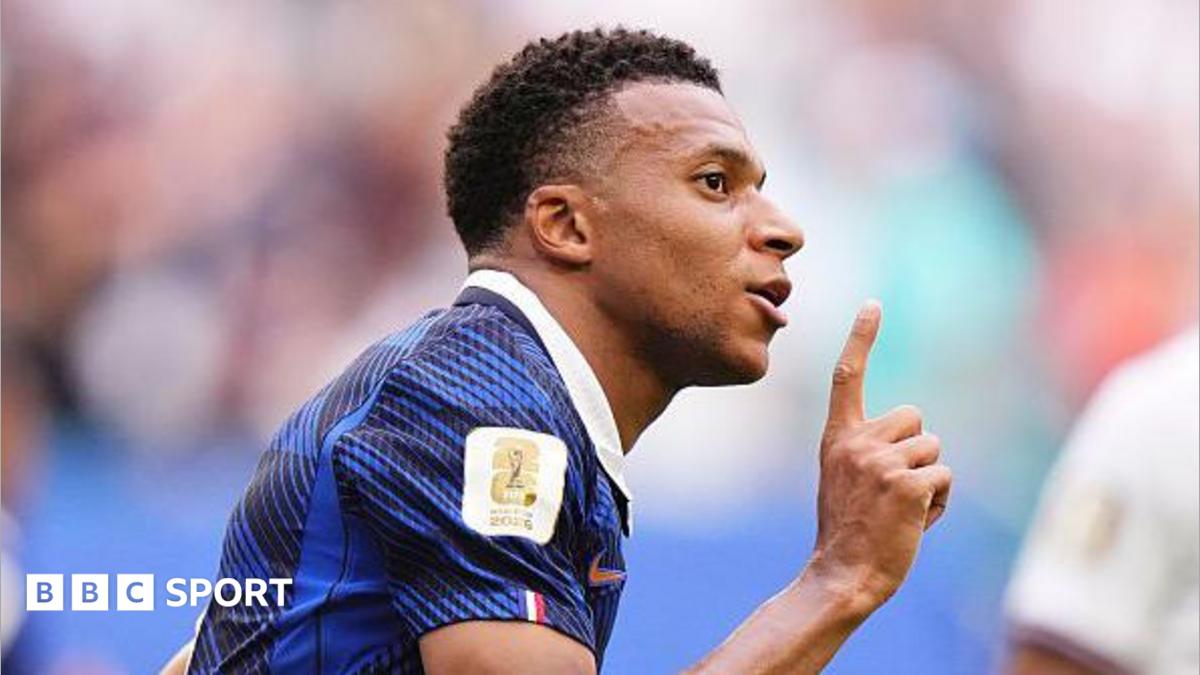 Kylian Mbappe celebrates scoring for France against England