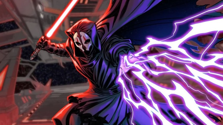 Darth Nihilus wields a lightsaber and force lightning aboard his vessel.