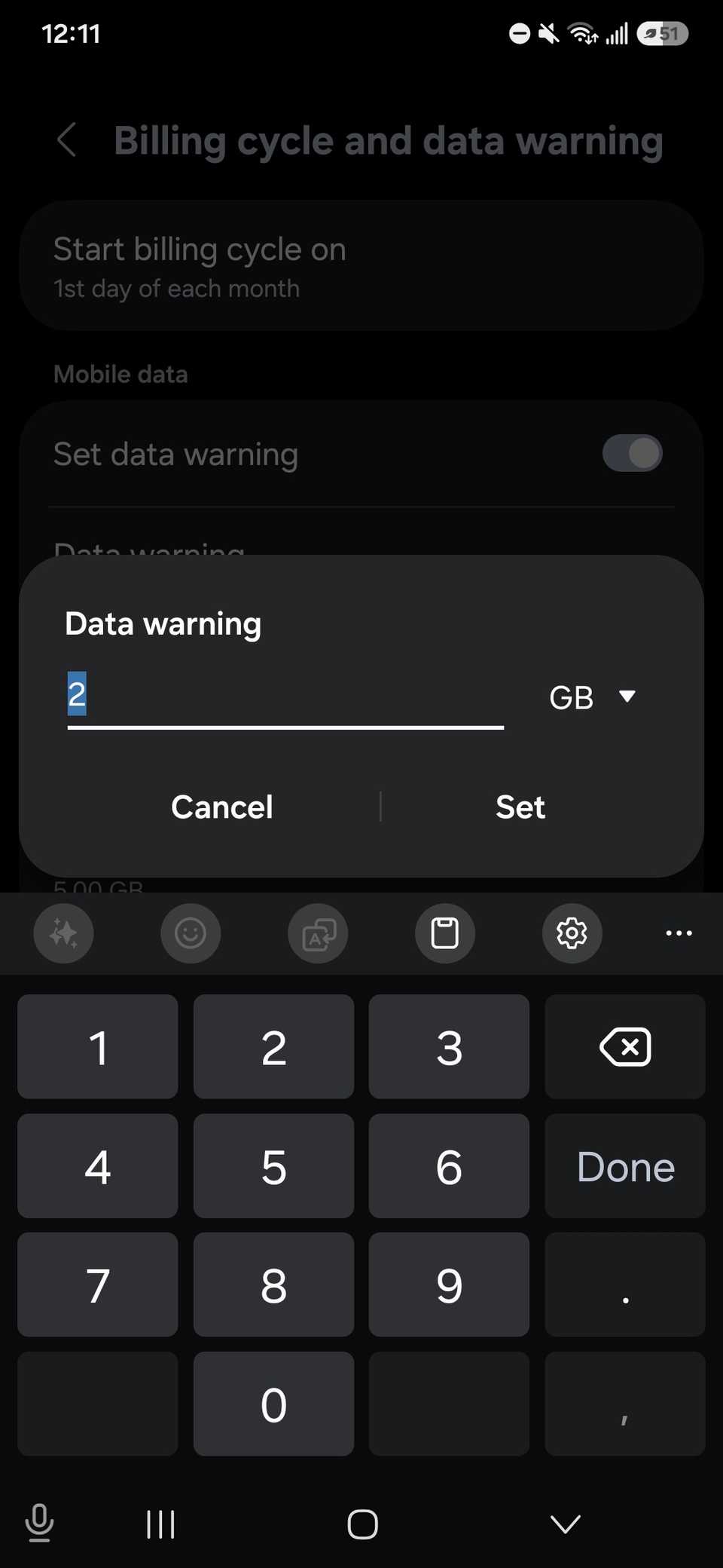 Changing numerical value for a data warning with the cancel, set and number pad displayed