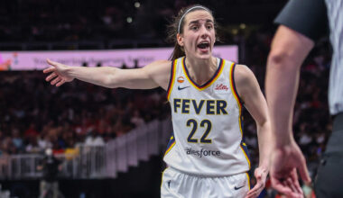 Indiana Fever guard Caitlin Clark (22) yells at the referee after a call at State Farm Arena