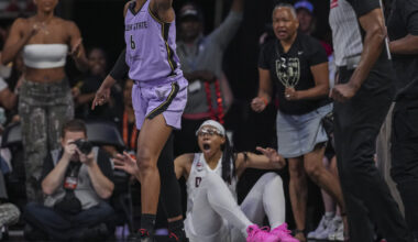Allisha Gray reacts to a call