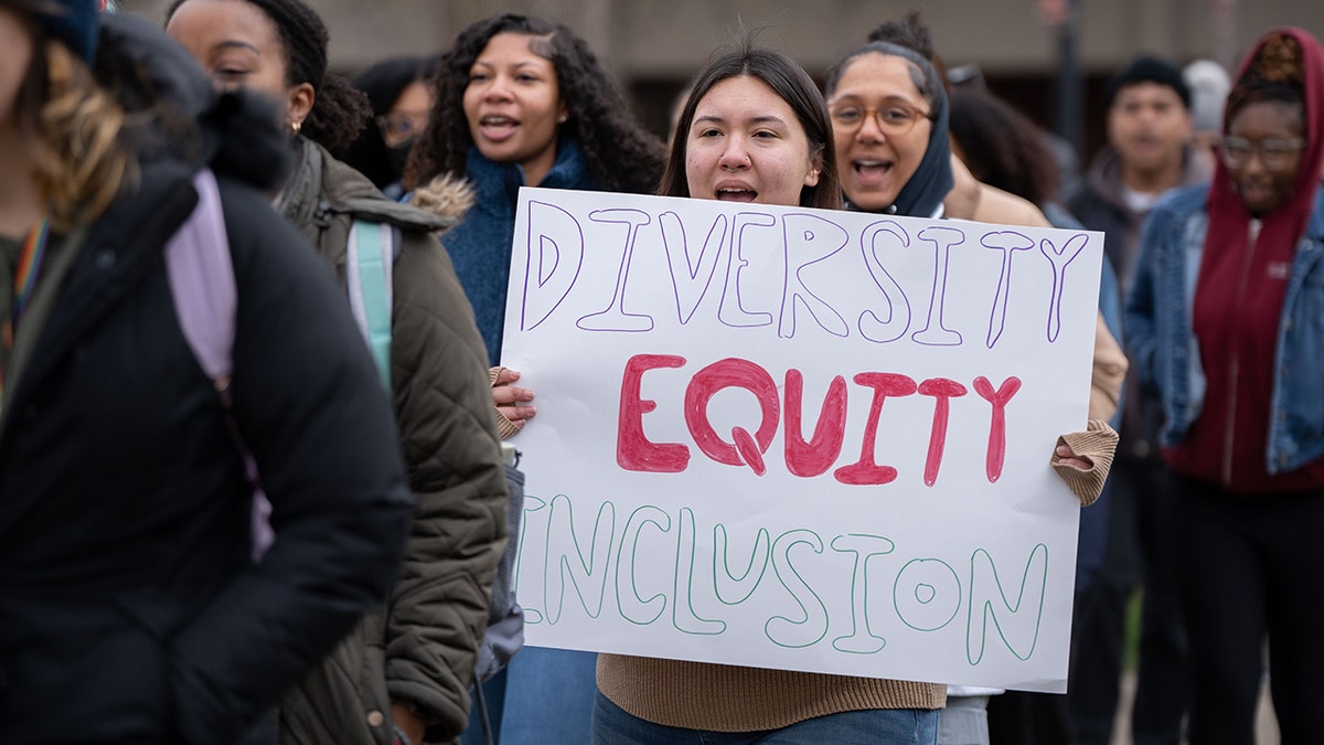 Woman holds DEI sign during protest