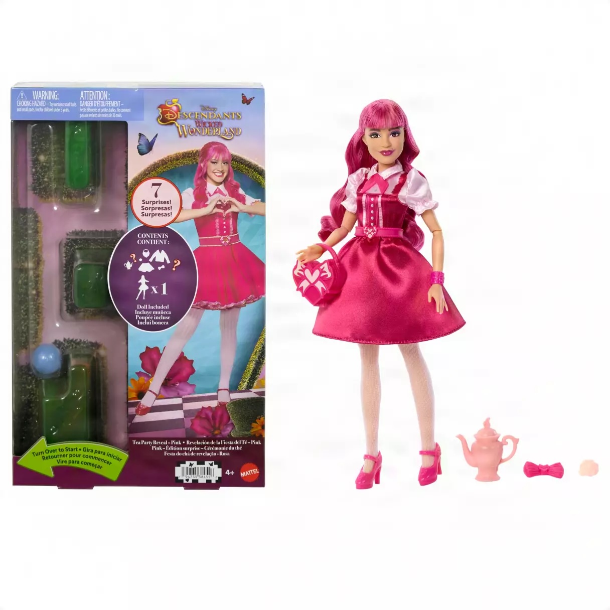 The matching Pink doll comes with a dress, skirt, jacket, shoes, and tights. She wears a plastic bow on the back of her head.