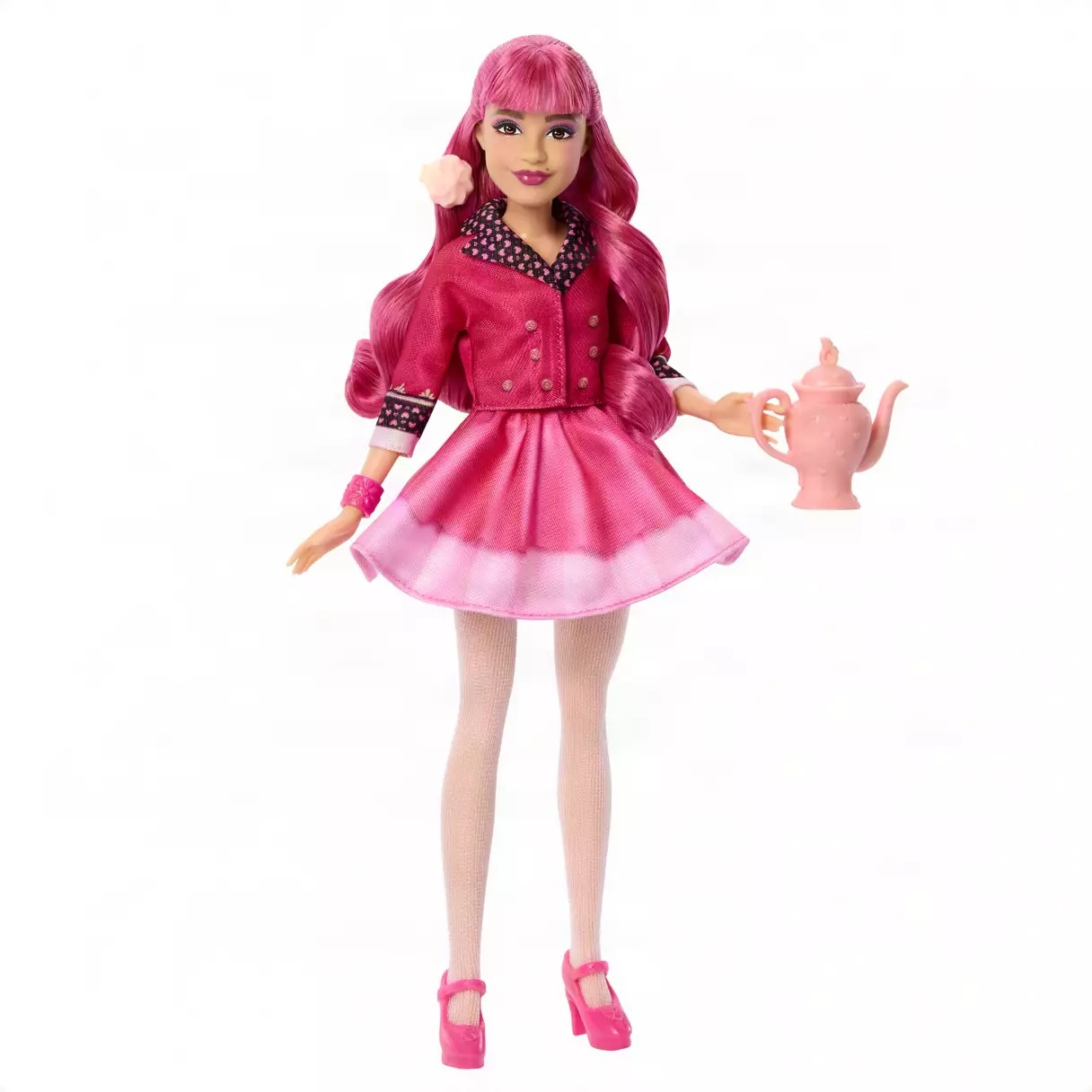 The matching Pink doll comes with a dress, skirt, jacket, shoes, and tights. She wears a plastic bow on the back of her head.