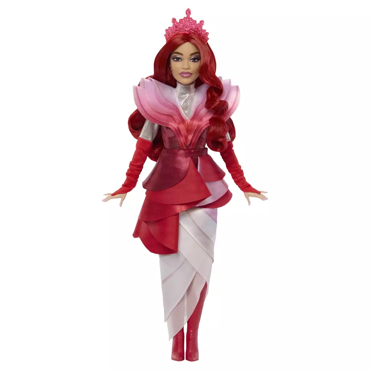 Red and Pink's mother, the Queen of Hearts, wears a multilayered dress, red sculpted gown, and knee-high boots. Her red hair is styled in loose curls. She's presented in decorative window display packaging.