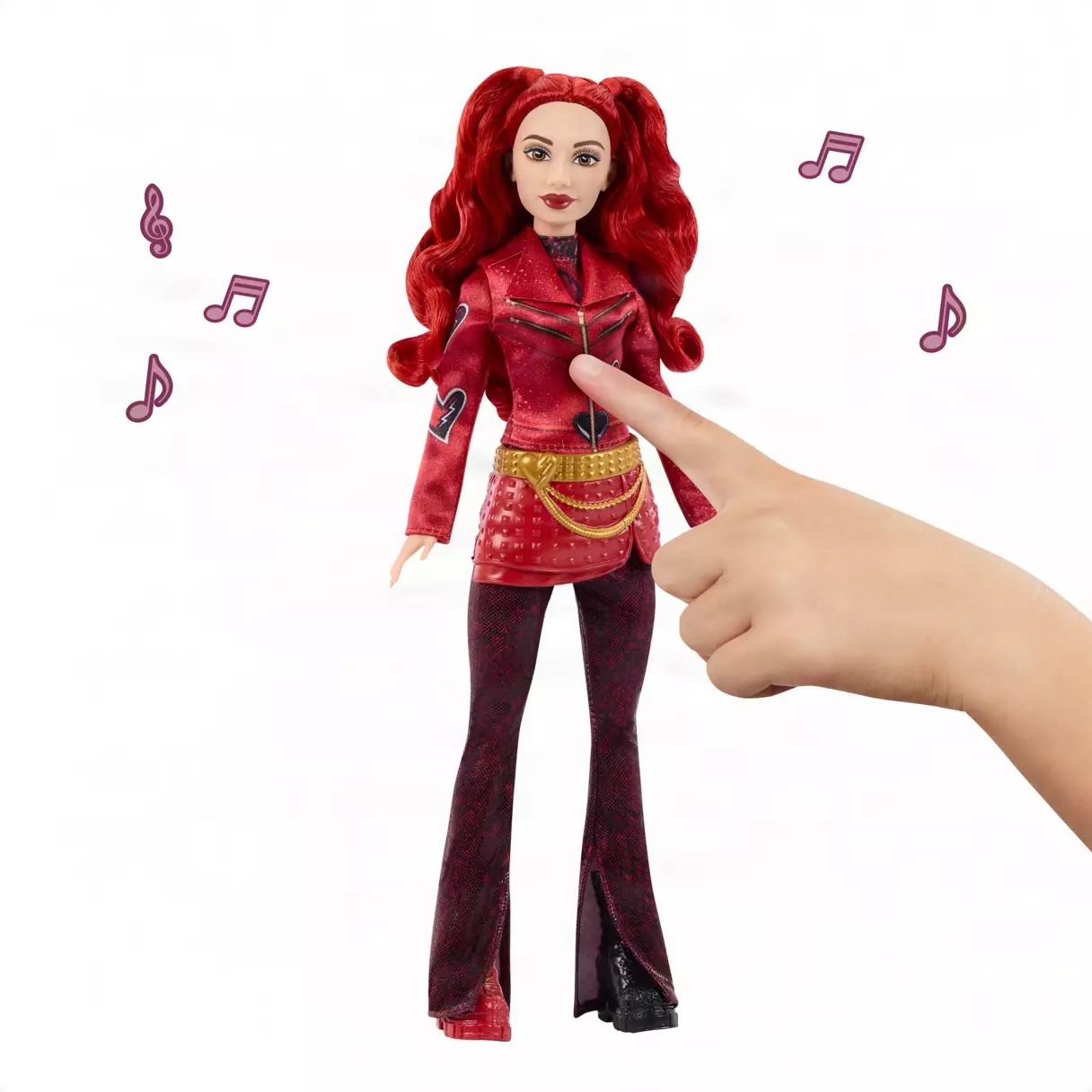 Red dons a red moto jacket with a sculpted skirt, belt, pants, and boots. Pressing a button on her chest activates Red singing