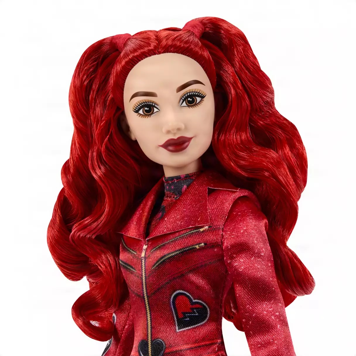 Red dons a red moto jacket with a sculpted skirt, belt, pants, and boots. Pressing a button on her chest activates Red singing