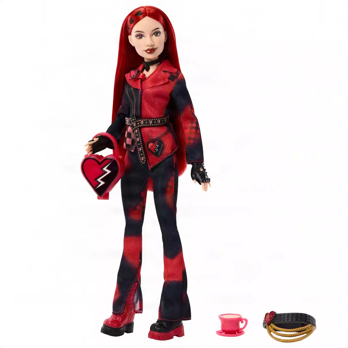 Another version of Red includes two outfits and six accessories. The doll has 11 points of articulation. The outfits include pants, jacket, skirt, belt, and boots. Her red hair features dyed hearts.