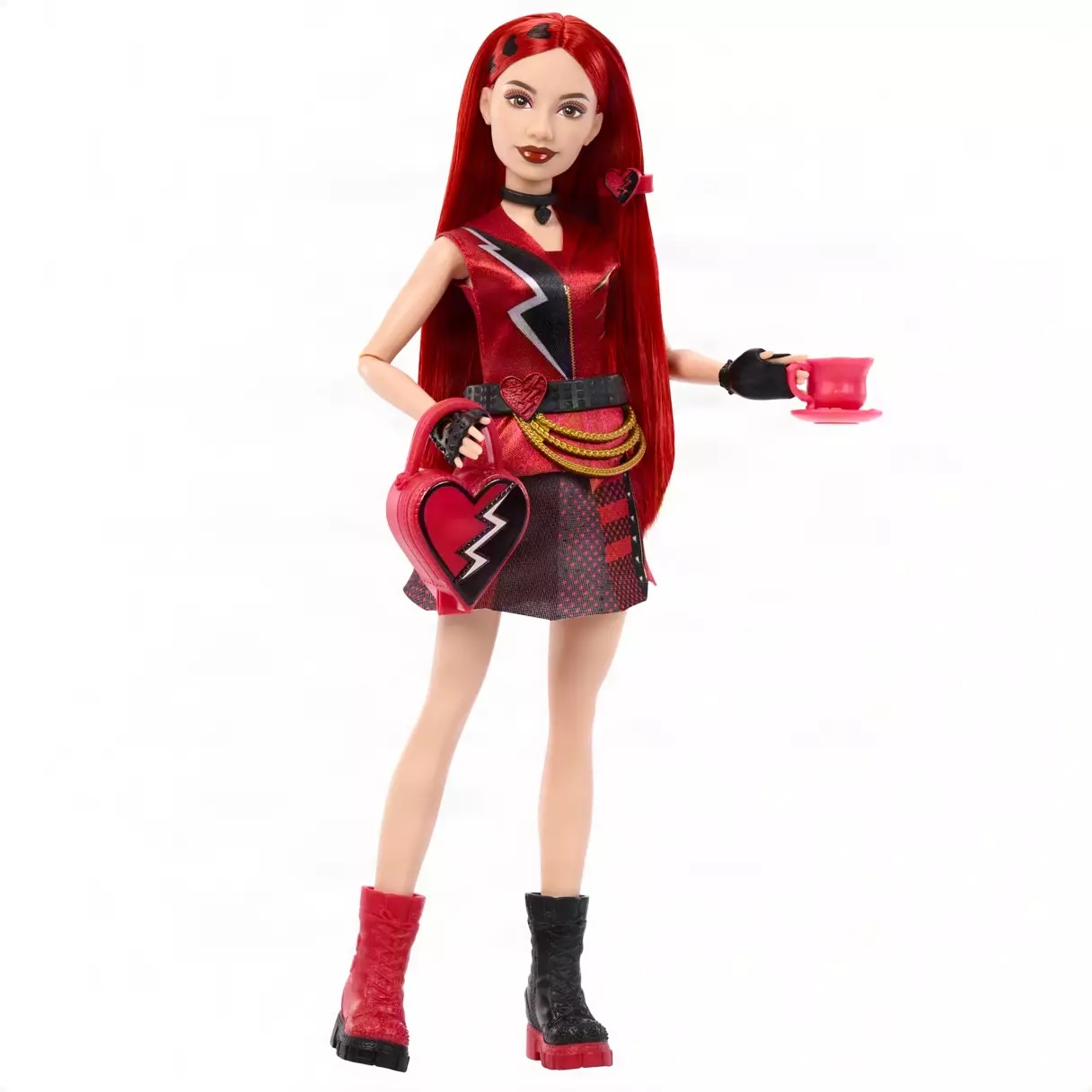 Another version of Red includes two outfits and six accessories. The doll has 11 points of articulation. The outfits include pants, jacket, skirt, belt, and boots. Her red hair features dyed hearts.