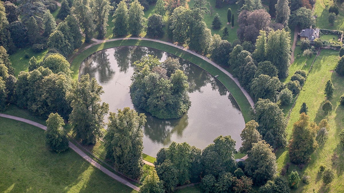 An aerial view of the burial site of Diana, Princess of Wales at Althorp Estate