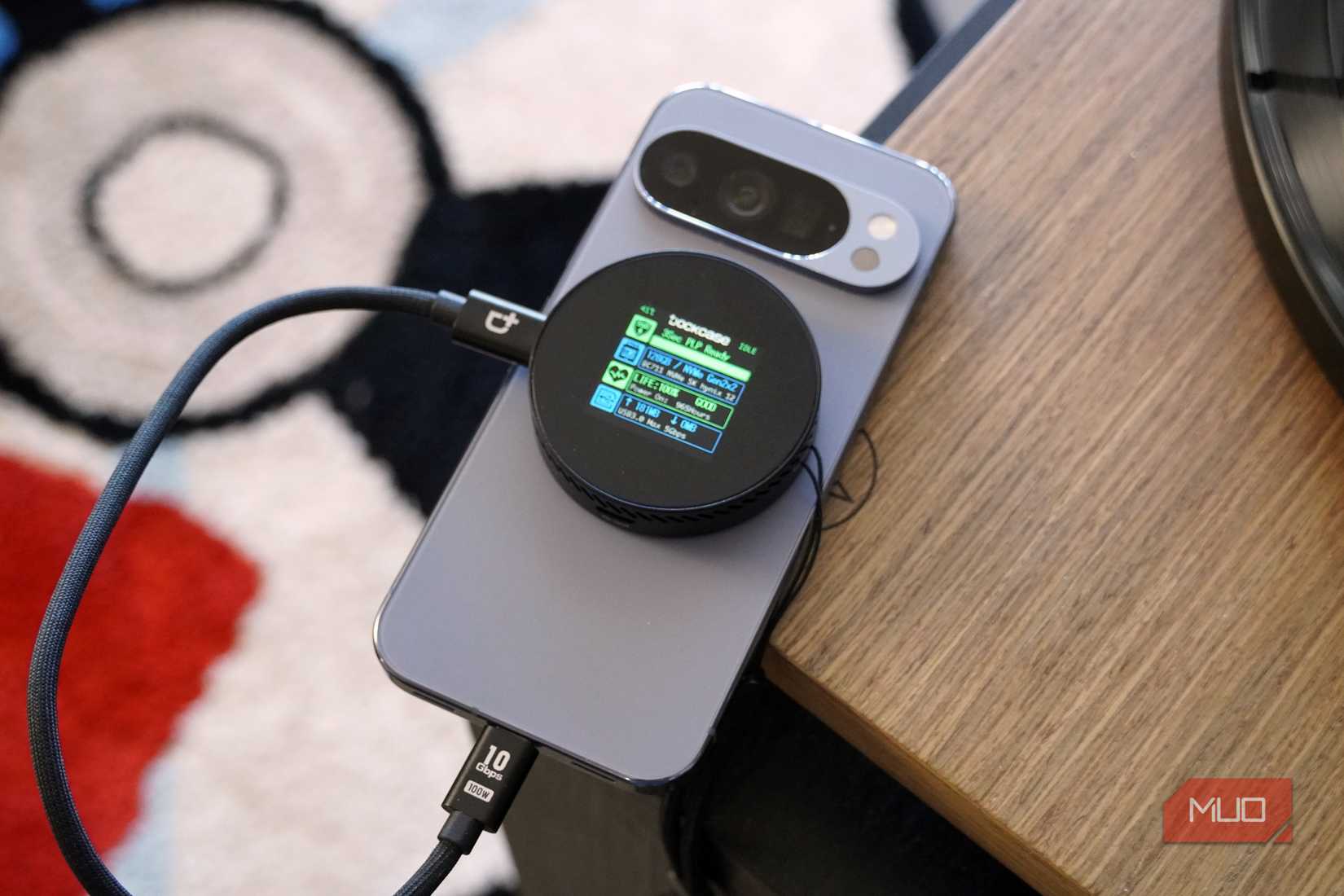 An angled view of the Dockcase SSD on a phone.