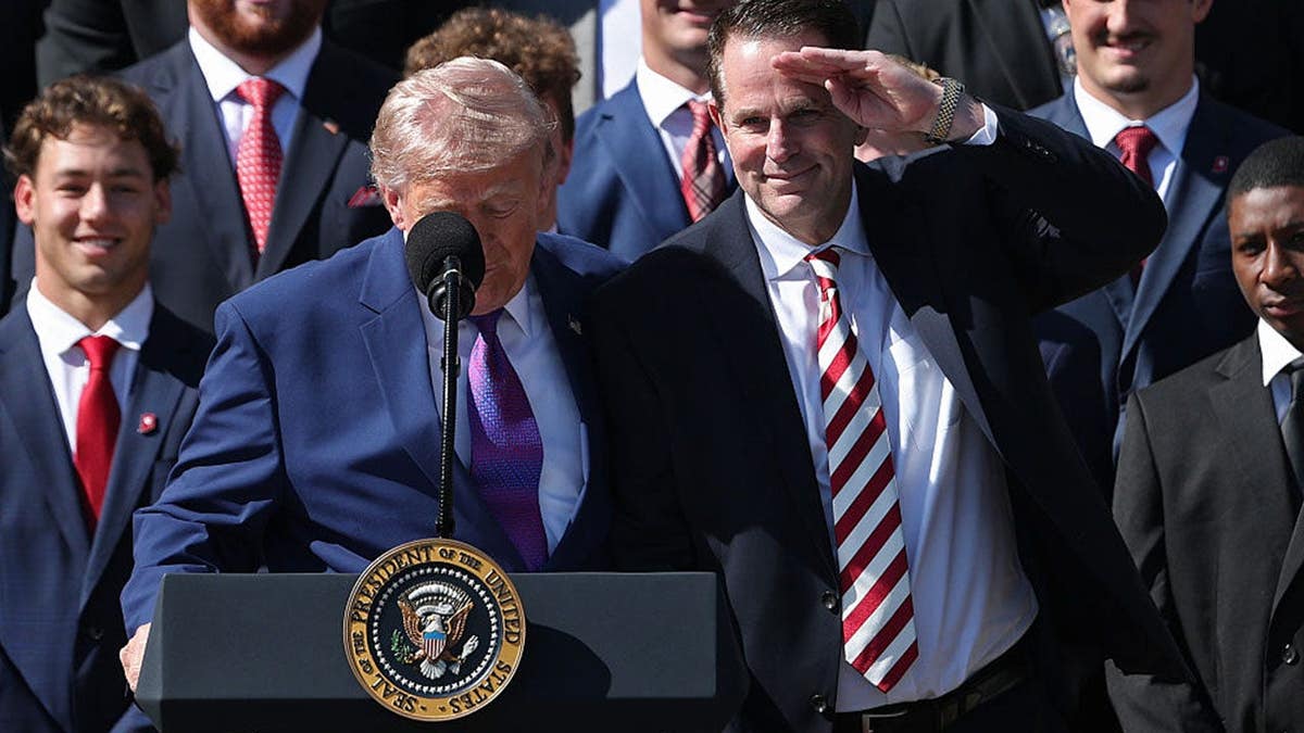 U.S. President Donald Trump joking with Head Coach Curt Cignetti on the White House South Lawn