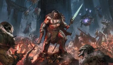 Doom guy wears a fur on a mound of dirt in front of Demons.