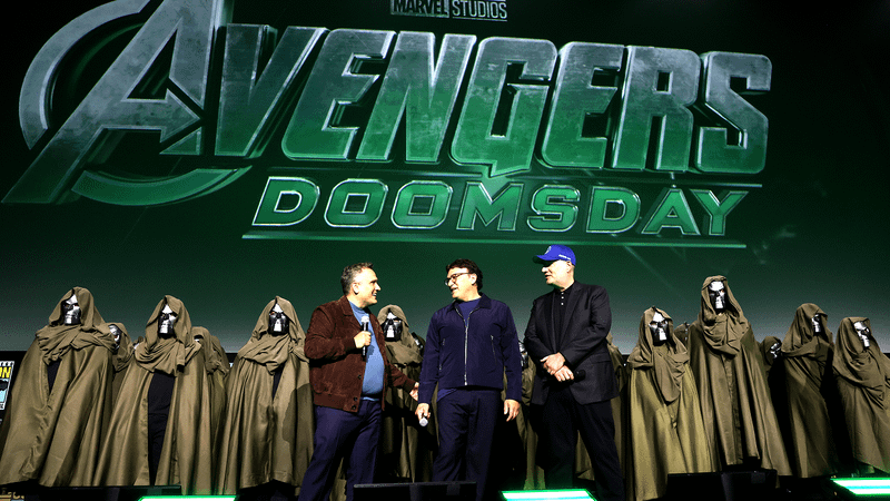 Joe Russo, Anthony Russo, and Kevin Feige at San-Diego Comic-Con for 'Avengers: Doomsday' announcement.