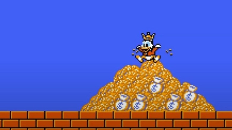Scrooge McDuck sits on a pile of gold coins in DuckTales