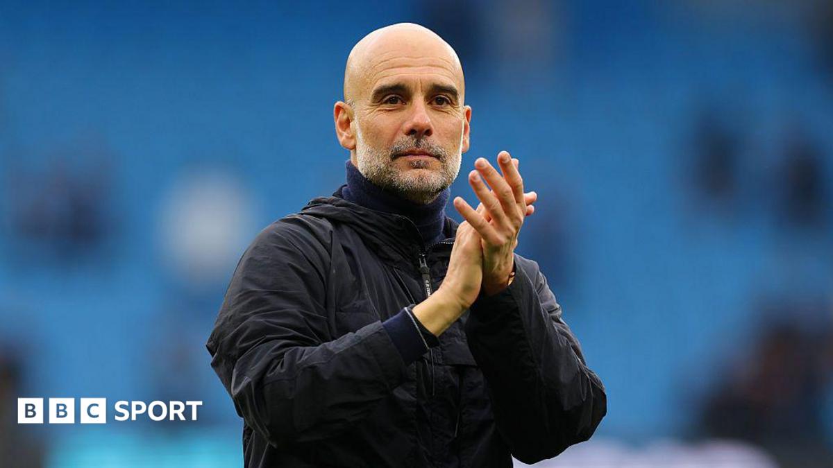 Pep Guardiola applauds fans after Manchester City's Premier League match against Brentford in May