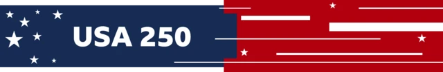 BBC design banner which borrows from the USA national flag - there are white stars on a blue background on the left of the banner and the words USA 250. And there are white stars on red on the left side of the banner, no text.