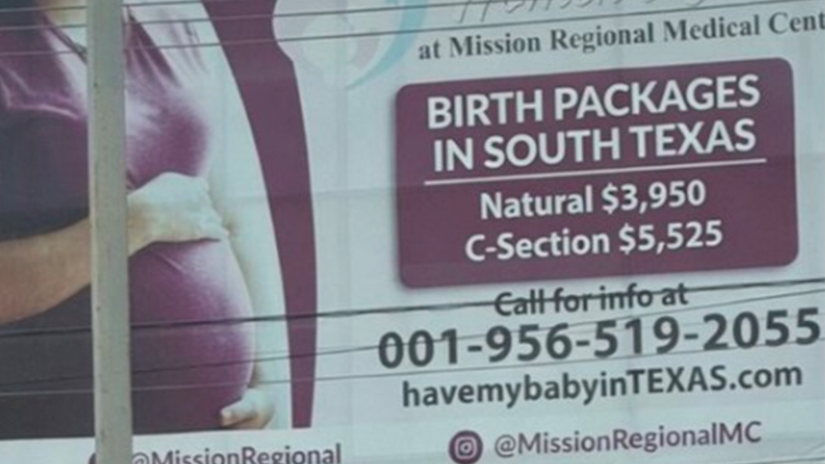 English-language billboard advertising maternity birth packages at Mission Regional Medical Center in South Texas, listing prices for natural delivery and C-section services.