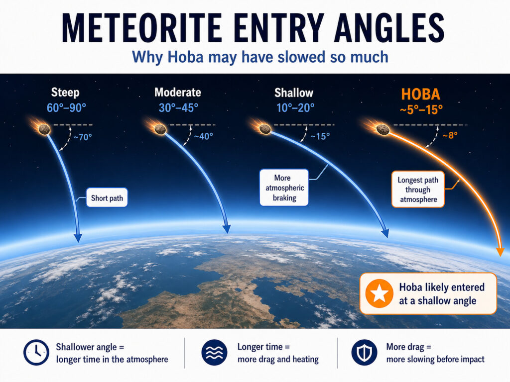 Illustration of meteorite entry angles showing that Hoba would have entered the atmosphere at a shallow angle