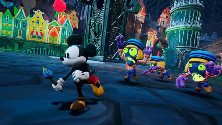 Mickey Mouse runs away from monsters while holding a paintbrush in Epic Mickey: Rebrushed