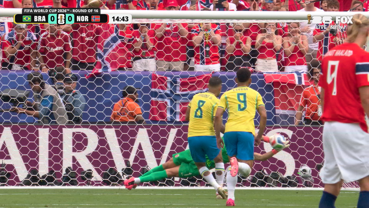 Norway’s Ørjan Nyland stops penalty kick from Bruno Guimarães to keep score level vs Brazil | 2026 FIFA World Cup - FOX Sports