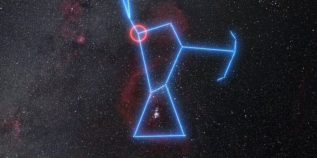 Image of the night sky with the constellation Orion highlighted and the star Betelgeuse circled