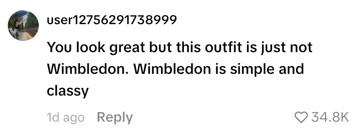 Comment saying: "You look great but this outfit is just not Wimbledon. Wimbledon is simple and classy."
