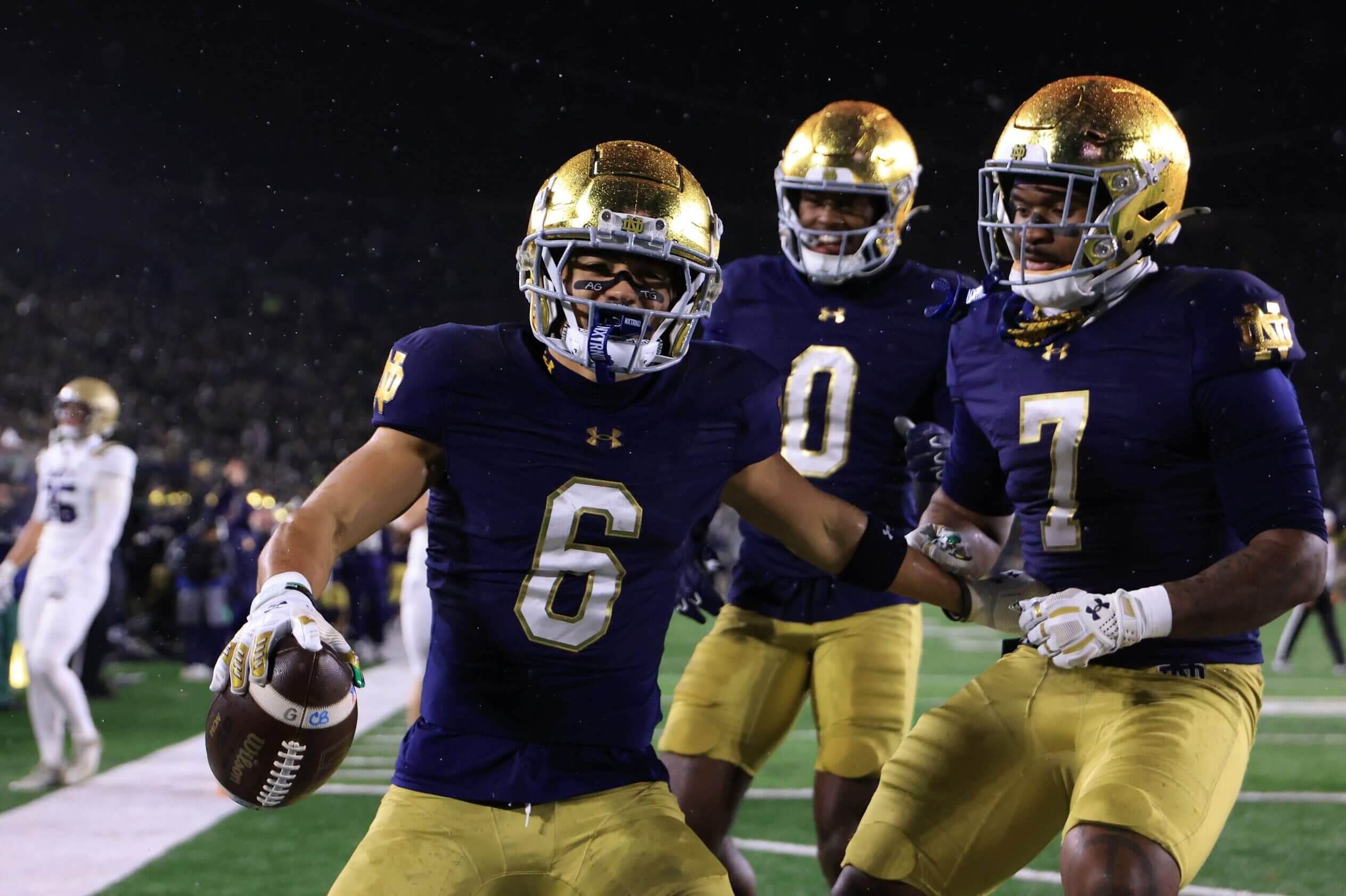 Jordan Faison of Notre Dame celebrates a touchdown against Navy on November 08, 2025 in South Bend, Indiana