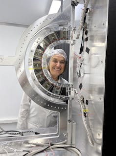 Daniela Bortoletto with one of the first detector rings built for the new Atlas pixel tracker for the High-Luminosity Large Hadron Collider (HL-LHC).Daniela Bortoletto with one of the first detector rings built for the new ATLAS pixel tracker for the High-Luminosity Large Hadron Collider (HL-LHC).