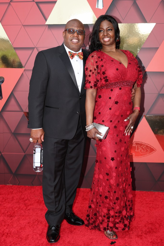 Former Kansas City Chiefs offensive coordinator Eric Bieniemy and wife Mia on the Red Carpet before the Super Bowl Championship Ring Ceremony on June 15, 2023 at Union Station in Kansas City, MO. 