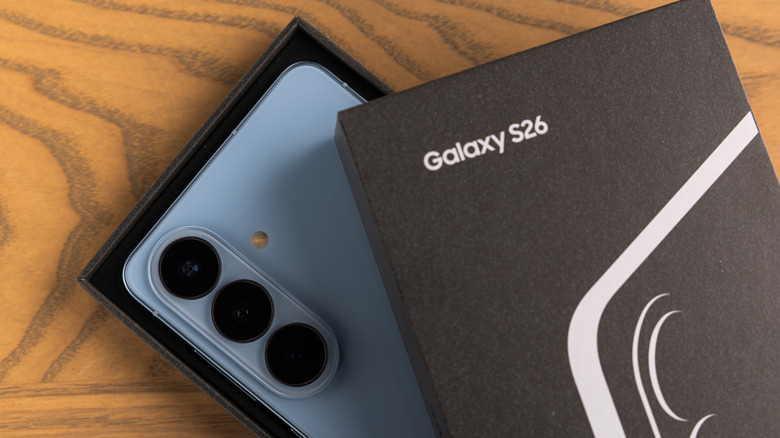 The standard Galaxy S26 inside its retail box.