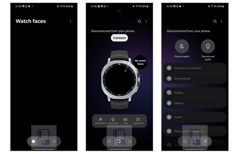 the watch faces screens on the Galaxy Wearables app