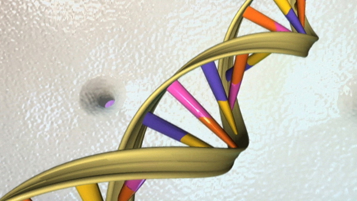 Illustration of a DNA double helix in the foreground with a stylized synthetic cell or microscopic particle in the background.