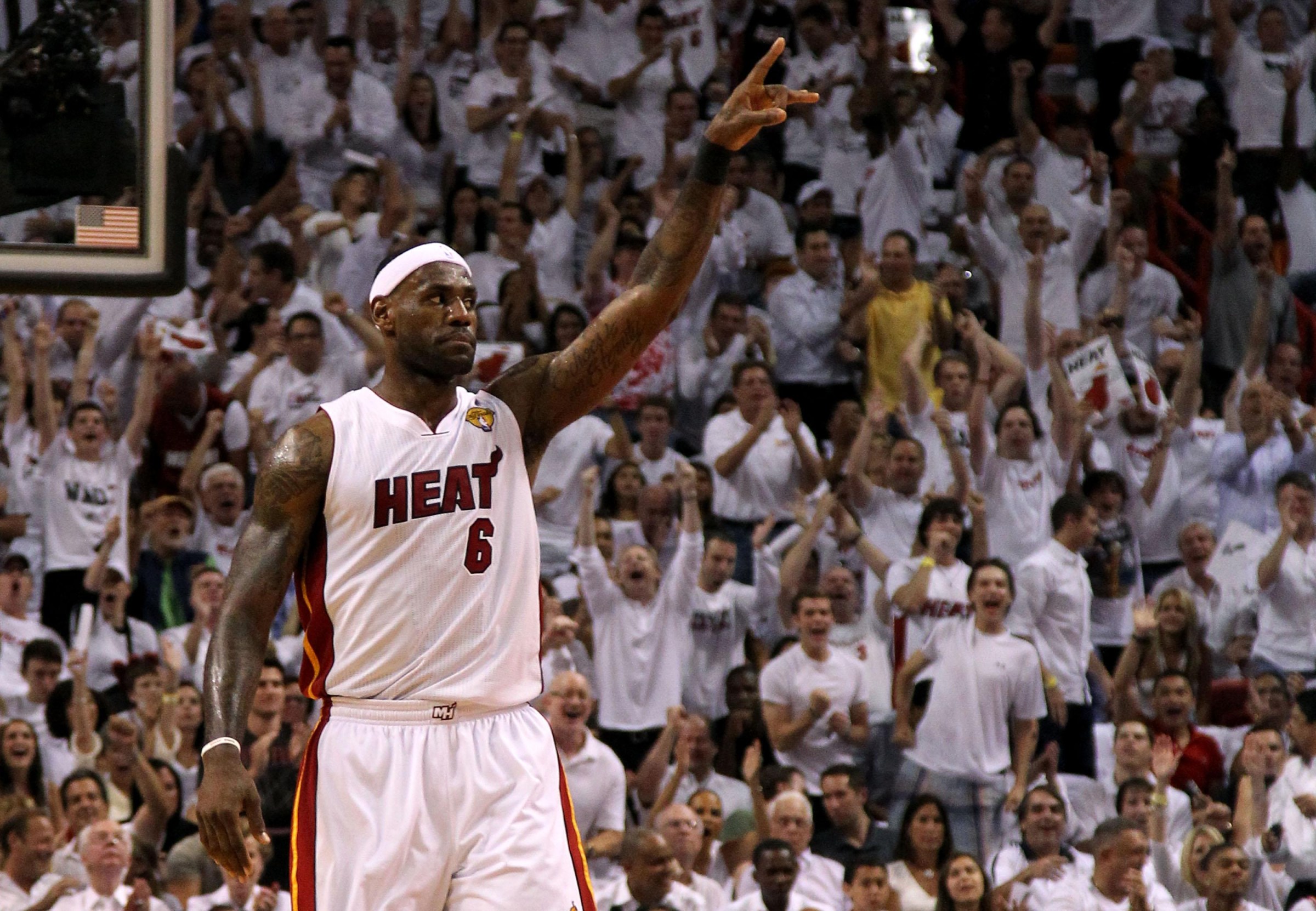 MIAMI, FL - JUNE 02: LeBron James #6 of the Miami Heat gestures on court against the Dallas Mavericks in Game Two of the 2011 NBA Finals at American Airlines Arena on June 2, 2011 in Miami, Florida. NOTE TO USER: User expressly acknowledges and agrees that, by downloading and/or using this Photograph, user is consenting to the terms and conditions of the Getty Images License Agreement. (Photo by Mike Ehrmann/Getty Images)