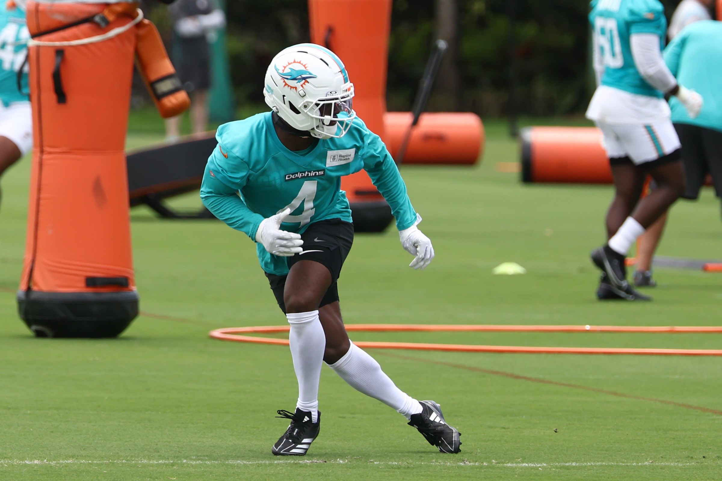 SUNRISE, FL - MAY 28: Miami Dolphins cornerback Kader Kohou (4) runs defensive drills during the Miami Dolphins OTA on Wednesday, May 29, 2025 at Baptist Health Training Complex on Wednesday, May 28, 2025 in Miami Gardens, FL. (Photo by Peter Joneleit/Icon Sportswire via Getty Images)
