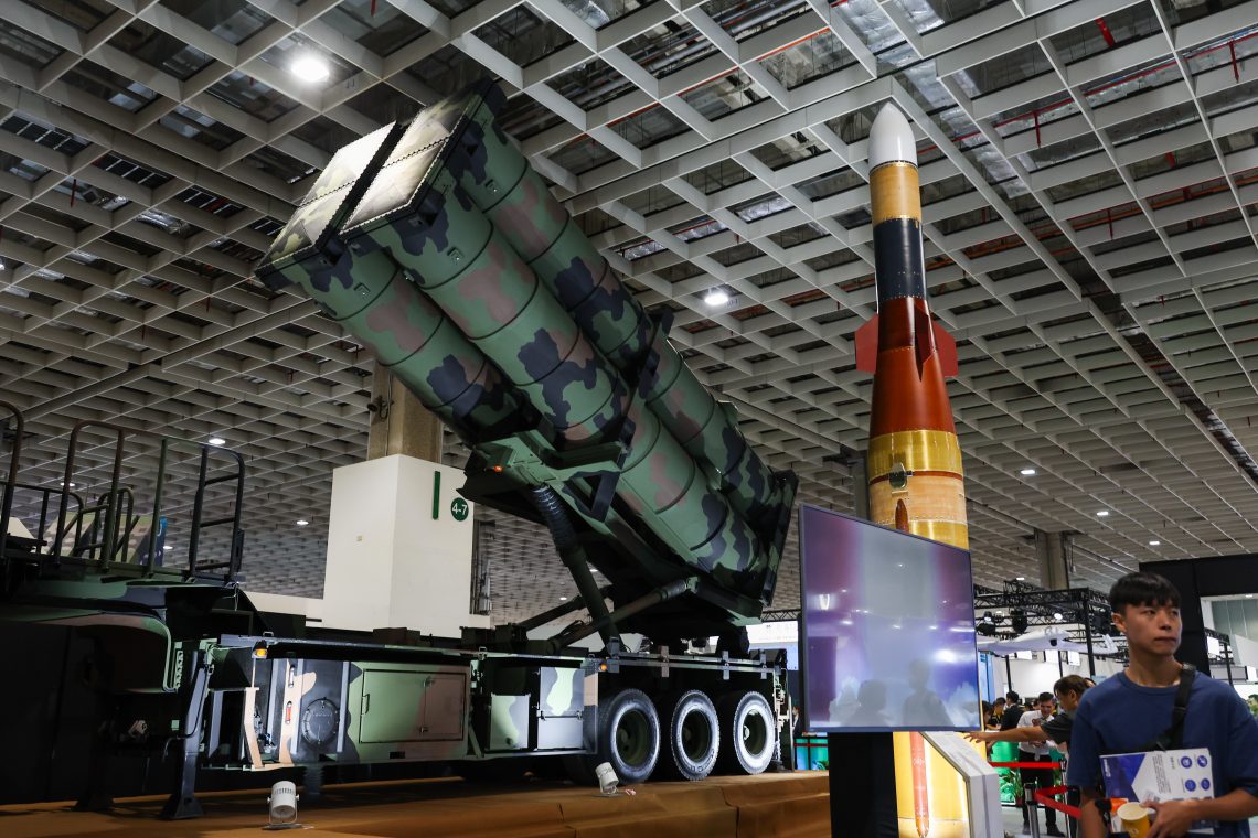 Sep. 19, 2025, Taipei, Taiwan: This year’s Taipei Aerospace and Defense Technology Exhibition showcased newly acquired weapons and military equipment, including U.S. tanks, Taiwan-made drones, missile systems and underwater mines.