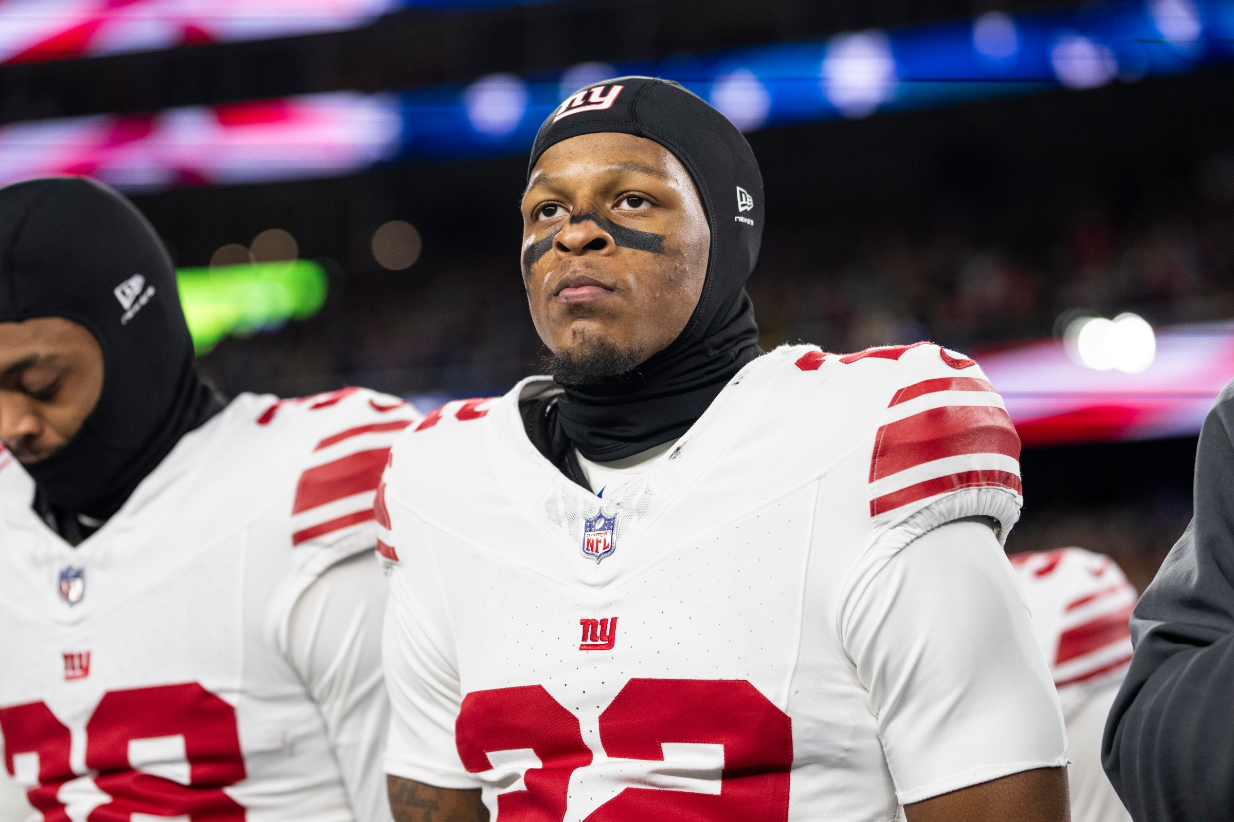 FOXBOROUGH, MASSACHUSETTS - DECEMBER 1: Dru Phillips #22 of the New York Giants looks on during the national anthem prior to an NFL football game against the New England Patriots at Gillette Stadium on December 01, 2025 in Foxborough, Massachusetts. (Photo by Michael Owens/Getty Images)