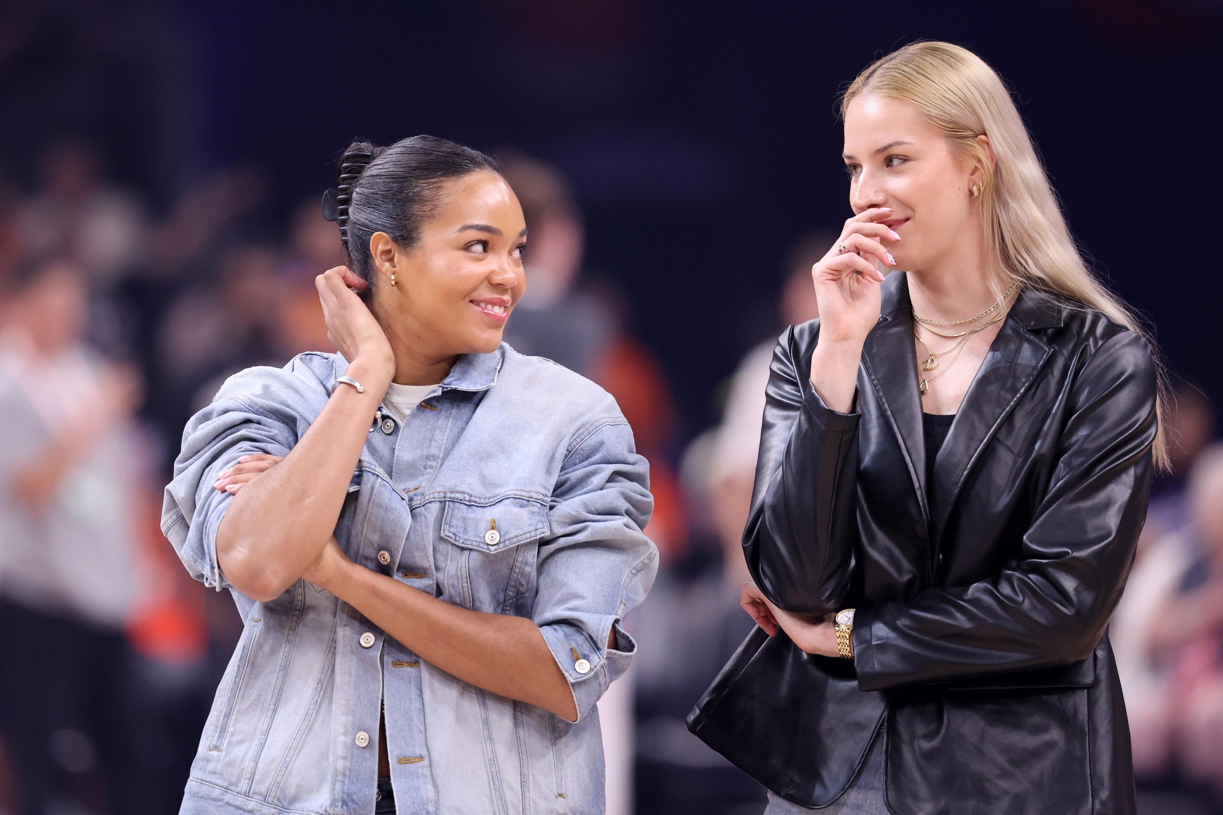 PHOENIX, ARIZONA - JUNE 01: Napheesa Collier #24 (L) talks with Dorka Juhasz #14 of the Minnesota Lynx before a WNBA Commissioner Cup Game against the Phoenix Mercury at Mortgage Matchup Center on June 01, 2026 in Phoenix, Arizona. The Lynx defeated the Mercury 111-77. NOTE TO USER: User expressly acknowledges and agrees that, by downloading and or using this photograph, User is consenting to the terms and conditions of the Getty Images License Agreement. (Photo by Chris Coduto/Getty Images)