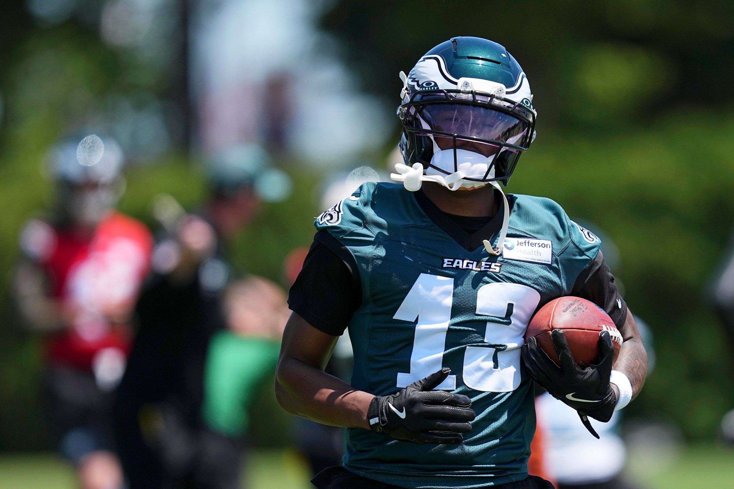 PHILADELPHIA, PENNSYLVANIA - JUNE 9: Dontayvion Wicks #13 of the Philadelphia Eagles runs with the ball during mandatory minicamp at Jefferson Health Training Complex on June 9, 2026 in Philadelphia, Pennsylvania. (Photo by Mitchell Leff/Getty Images)