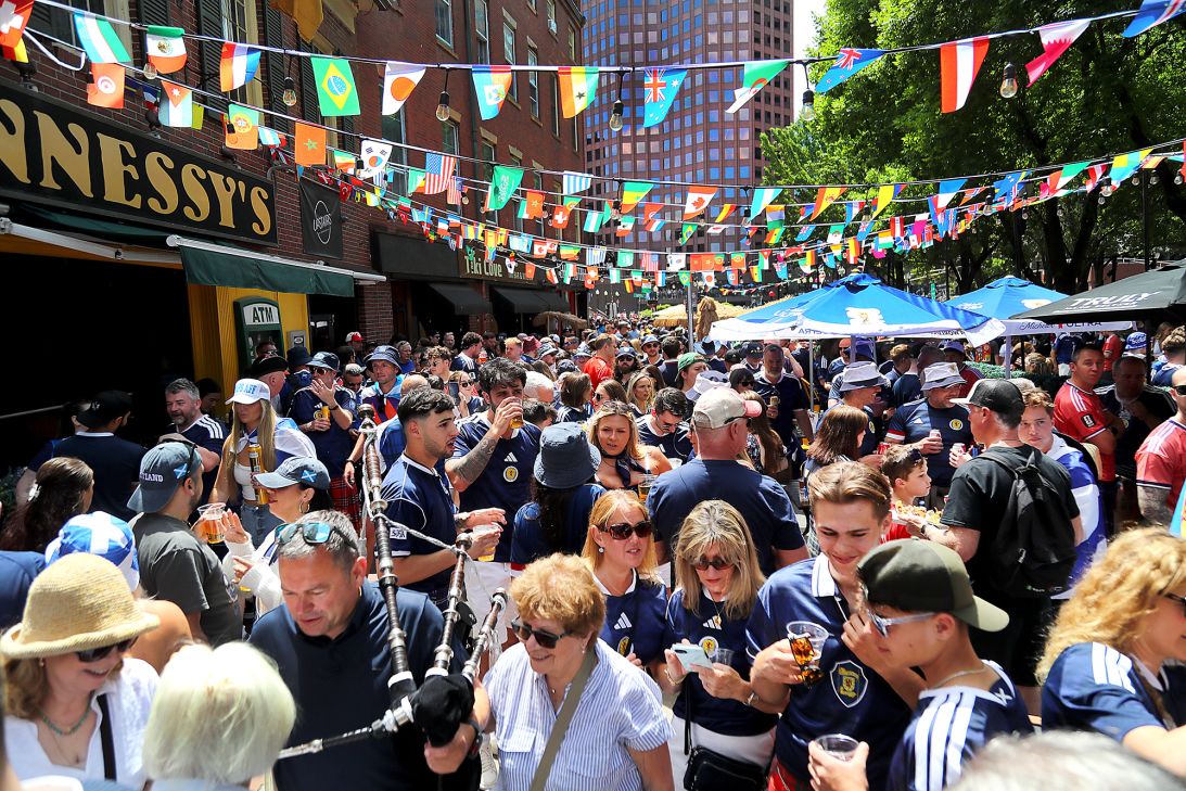 Scotland soccer fans congregate outside of Hennessy's Bar in Boston, MA, on June 19.